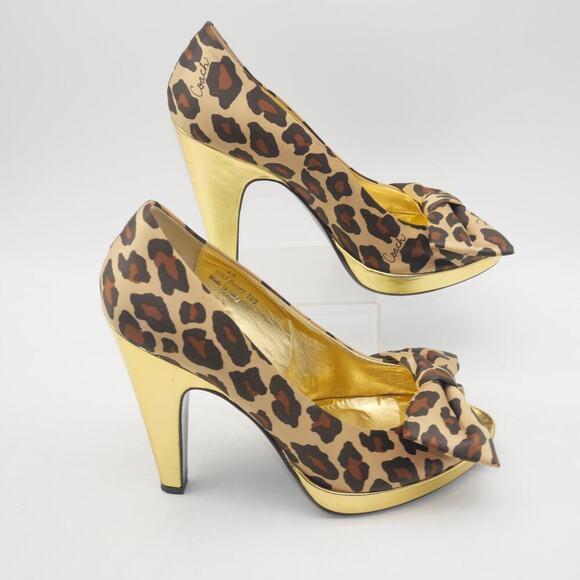 Coach Women's 8 Leopard Print Satin Peep Toe Gold Heels Daisey - Picture 6 of 11